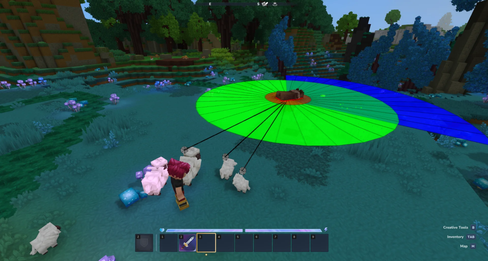 Визуализация VisSensorRanges: пример с медведем (слух, зрение и абсолютное обнаружение), овцы отмечены, но вне конуса обзора